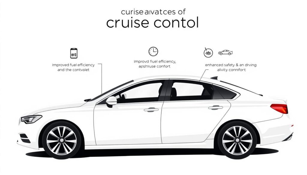 A minimalist but informative illustration of the key benefits of cruise control in a car. Shown against a clean, uncluttered white background, a sleek, modern sedan is depicted in the foreground, its interior visible through the windows. Superimposed are simple, elegant icons and infographic-style graphics highlighting the main advantages of cruise control, such as improved fuel efficiency, enhanced safety and driving comfort. The design is crisp, contemporary and easily legible, allowing the core features and conveniences of this automotive technology to be communicated effectively. A minimalist but informative illustration of the key benefits of cruise control in a car. Shown against a clean, uncluttered white background, a sleek, modern sedan is depicted in the foreground, its interior visible through the windows. Superimposed are simple, elegant icons and infographic-style graphics highlighting the main advantages of cruise control, such as improved fuel efficiency, enhanced safety and driving comfort. The design is crisp, contemporary and easily legible, allowing the core features and conveniences of this automotive technology to be communicated effectively.