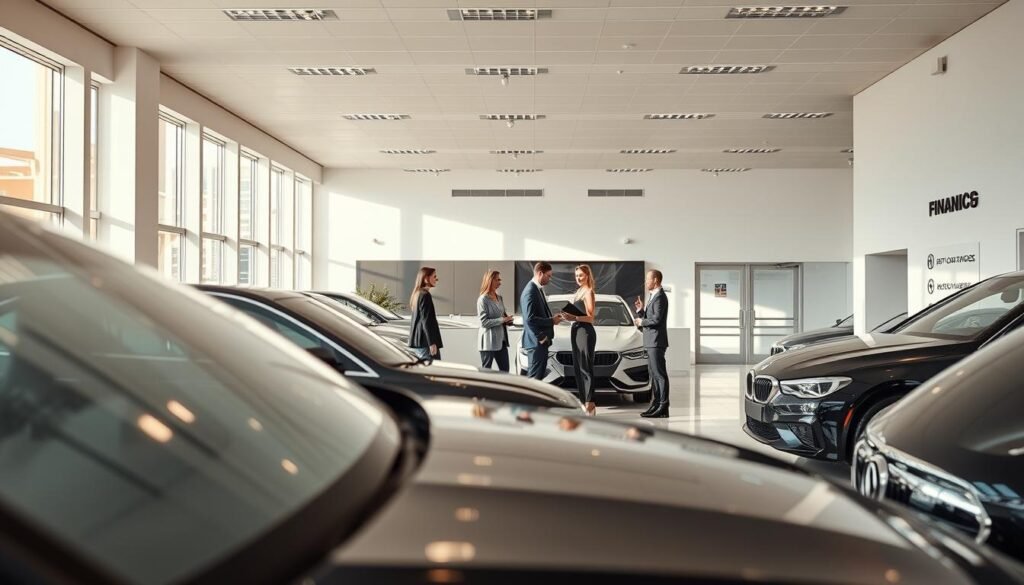 A modern, luxurious car showroom with a sleek, minimalist design. The foreground features a range of gleaming, high-end vehicles, their glossy exteriors reflecting the bright, natural lighting streaming in from large windows. In the middle ground, stylish, well-dressed sales representatives engage with potential customers, discussing financing options and customization possibilities. The background depicts a spacious, open-concept layout with clean lines, neutral tones, and subtle branding elements that convey a sense of professionalism and reliability. The overall atmosphere exudes a feeling of sophistication, innovation, and a commitment to providing comprehensive automotive financing solutions.
