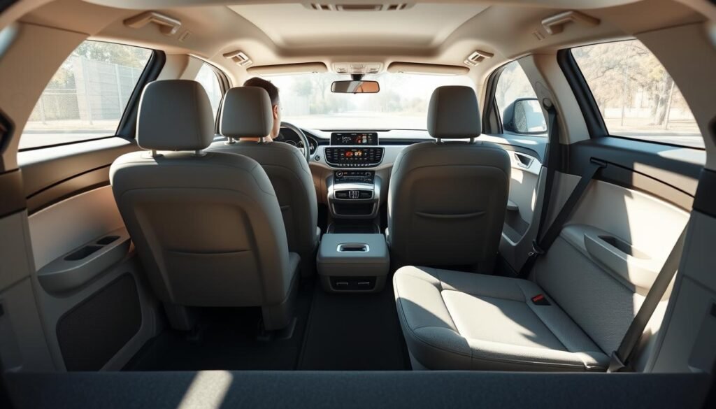 A modern, spacious family car interior featuring comfortable, adjustable seating, abundant legroom, and a flexible cargo area. Bright, natural lighting illuminates the cabin, creating an airy, inviting atmosphere. The dashboard showcases an intuitive, high-tech infotainment system with advanced safety features. Sleek, minimalist design elements blend seamlessly, prioritizing functionality and passenger well-being. The overall scene conveys a sense of safety, convenience, and family-oriented versatility for the 2025 model year.