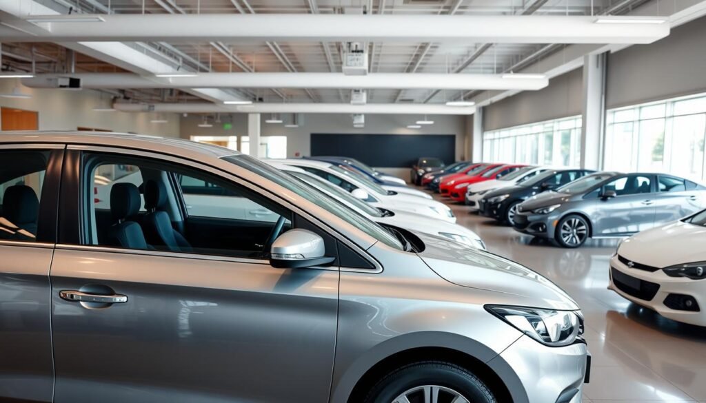 A modern, well-lit showroom with rows of carefully curated used cars on display. The foreground features a mid-sized sedan in a sleek, metallic color, its clean lines and polished exterior inviting closer inspection. The middle ground showcases a diverse range of makes and models, each positioned to catch the eye. In the background, the showroom's bright, open layout creates a sense of spaciousness, with natural light streaming in through large windows. The overall atmosphere evokes a professional, trustworthy experience, setting the stage for a smart, informed used car purchase.