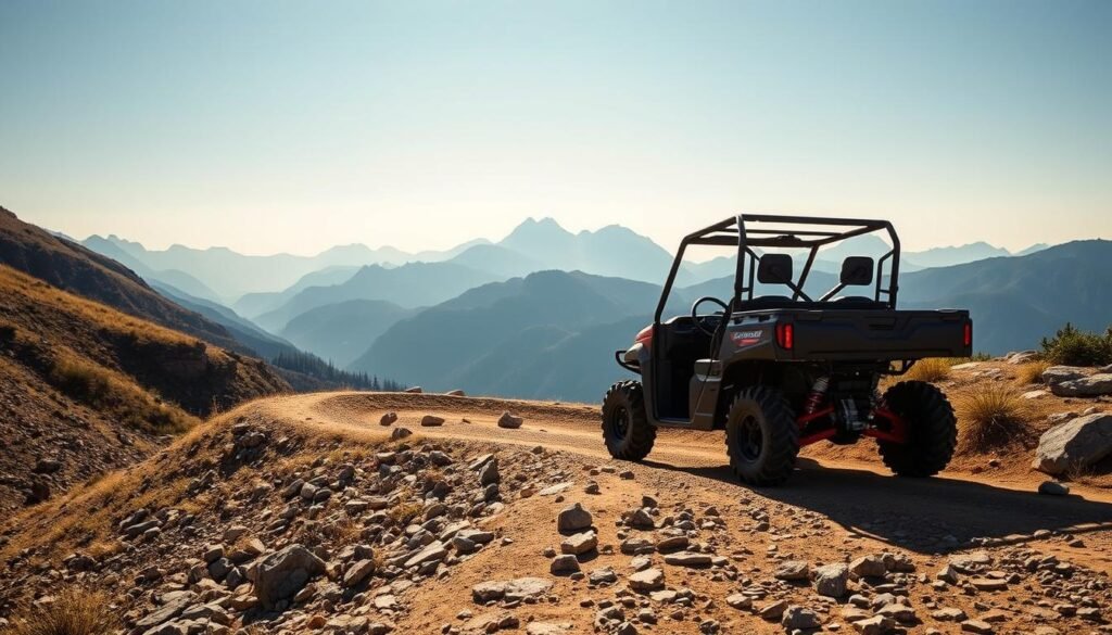 A rugged off-road vehicle navigates a winding, rocky path through a serene, sun-dappled mountain landscape. The vehicle's sturdy frame and large all-terrain tires suggest it is well-equipped for the challenging terrain. In the distance, towering peaks rise against a clear blue sky, creating a majestic backdrop. Warm, natural lighting illuminates the scene, casting soft shadows and highlights that accentuate the vehicle's robust design. The overall composition conveys a sense of adventure, exploration, and the capabilities of the Gator T2 to tackle even the most demanding outdoor excursions.