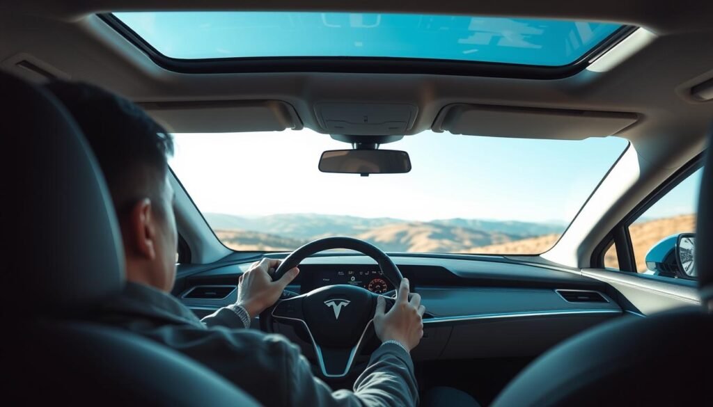 A serene electric car test drive experience. The interior of a sleek, modern electric vehicle comes into focus, with the driver's hands confidently gripping the steering wheel. Soft, indirect lighting illuminates the cockpit, creating a calm and futuristic atmosphere. The dashboard displays readouts of the car's battery level and driving mode. Through the panoramic windshield, we see a picturesque landscape of rolling hills and a clear blue sky, suggesting a peaceful, emission-free journey. The camera angle provides an immersive, first-person perspective, allowing the viewer to imagine themselves behind the wheel, experiencing the smooth, responsive handling of this innovative electric car. A serene electric car test drive experience. The interior of a sleek, modern electric vehicle comes into focus, with the driver's hands confidently gripping the steering wheel. Soft, indirect lighting illuminates the cockpit, creating a calm and futuristic atmosphere. The dashboard displays readouts of the car's battery level and driving mode. Through the panoramic windshield, we see a picturesque landscape of rolling hills and a clear blue sky, suggesting a peaceful, emission-free journey. The camera angle provides an immersive, first-person perspective, allowing the viewer to imagine themselves behind the wheel, experiencing the smooth, responsive handling of this innovative electric car.