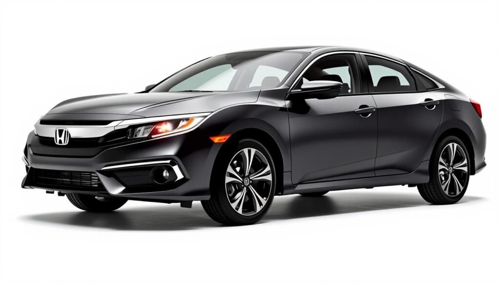 A sleek and aerodynamic Honda Civic sedan, meticulously crafted with elegant design elements. The front grille features a bold and distinctive chrome surround, complemented by sharp LED headlights that emit a warm, ambient glow. The sculpted bodylines flow seamlessly from the hood to the rear, creating a sense of dynamism and fluid motion. Attention to detail is evident in the crisp character lines, subtle creases, and precisely engineered wheel arches. The side profile showcases the vehicle's sophisticated silhouette, accentuated by stylish alloy wheels that exude a premium look. The rear end boasts a well-integrated spoiler and expressive taillights that echo the front's modern aesthetics, culminating in a harmonious and visually appealing exterior design.