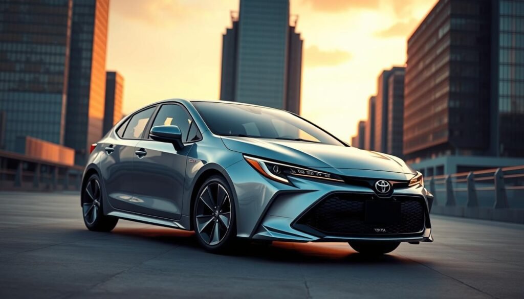 A sleek and futuristic Toyota Corolla 2025 model takes center stage against a modern cityscape. The car's aerodynamic silhouette, highlighted by sharp creases and a bold grille, conveys a sense of power and efficiency. The exterior gleams under the warm, golden hues of the evening sky, creating a striking contrast with the cool, metallic tones of the surrounding skyscrapers. The vehicle appears to float effortlessly, as if suspended in a state of harmonious balance with its environment. The overall scene exudes a sense of technological advancement and progressive design, setting the stage for the next generation of Toyota's iconic sedan.