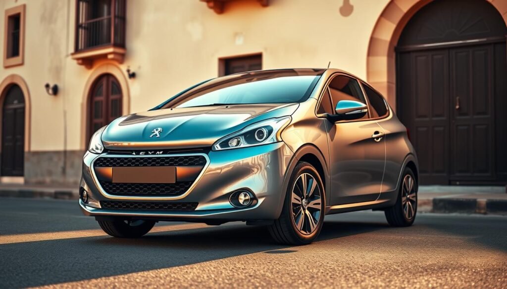 A sleek and modern Peugeot 208 hatchback, captured in a dynamic, three-quarter front view. The car is parked on a sun-drenched urban street, with the facade of a traditional Moroccan building visible in the background. The vehicle's bold, sculpted lines and distinct Peugeot grille are highlighted by the warm, golden lighting, creating a sense of sophistication and refinement. The 208's compact dimensions and agile stance suggest its suitability for navigating the winding streets and tight parking spaces of Moroccan cities. The overall composition conveys the 208's blend of modern design and practical appeal, making it an enticing choice for Moroccan drivers. A sleek and modern Peugeot 208 hatchback, captured in a dynamic, three-quarter front view. The car is parked on a sun-drenched urban street, with the facade of a traditional Moroccan building visible in the background. The vehicle's bold, sculpted lines and distinct Peugeot grille are highlighted by the warm, golden lighting, creating a sense of sophistication and refinement. The 208's compact dimensions and agile stance suggest its suitability for navigating the winding streets and tight parking spaces of Moroccan cities. The overall composition conveys the 208's blend of modern design and practical appeal, making it an enticing choice for Moroccan drivers.