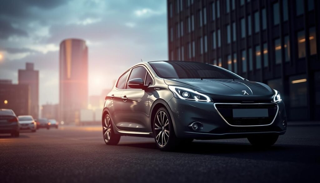 A sleek and modern Peugeot 208 hatchback parked in a dimly lit urban setting, its refined lines and distinctive grille illuminated by soft, directional lighting. The car is positioned at a slight angle, capturing its elegant silhouette against a backdrop of blurred city buildings and a moody, atmospheric sky. The scene conveys a sense of sophistication and the excitement of a new automotive introduction, inviting the viewer to imagine themselves behind the wheel of this captivating French compact. A sleek and modern Peugeot 208 hatchback parked in a dimly lit urban setting, its refined lines and distinctive grille illuminated by soft, directional lighting. The car is positioned at a slight angle, capturing its elegant silhouette against a backdrop of blurred city buildings and a moody, atmospheric sky. The scene conveys a sense of sophistication and the excitement of a new automotive introduction, inviting the viewer to imagine themselves behind the wheel of this captivating French compact.