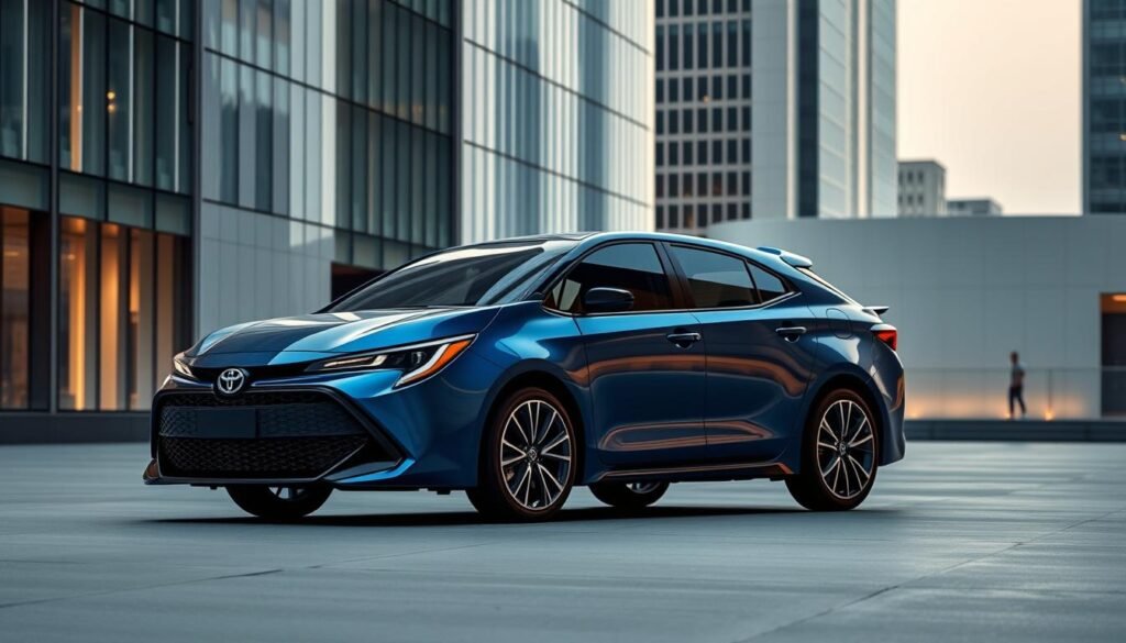 A sleek and modern Toyota Corolla 2025 model, showcased in a striking metallic blue finish. The aerodynamic body design features sharp, angular lines, with a prominent front grille and slim, swept-back headlights. The side profile highlights a coupe-like roofline and subtle character lines, while the rear end boasts a spoiler and futuristic taillights. Set against a backdrop of a minimalist, contemporary urban environment, with glass skyscrapers and clean, geometric architecture. Illuminated by warm, diffused lighting, creating a sense of sophisticated elegance and technological advancement.