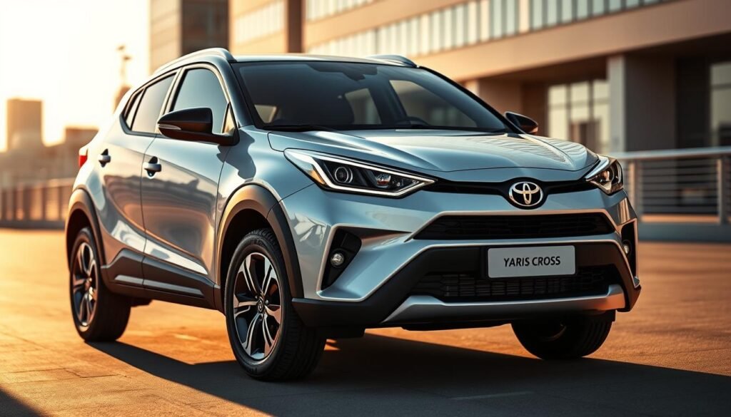 A sleek and modern Toyota Yaris Cross design, showcasing its bold, angular lines and distinctive front fascia. The vehicle is captured in a three-quarter front view, highlighting its muscular stance and rugged SUV-inspired styling. The scene is illuminated by warm, directional lighting, casting dramatic shadows that accentuate the sculpted bodywork. In the background, a blurred urban landscape provides a contemporary, city-centric setting. The overall composition conveys a sense of dynamism and sophistication, reflecting the vehicle's versatile nature and appeal to modern, adventurous consumers.