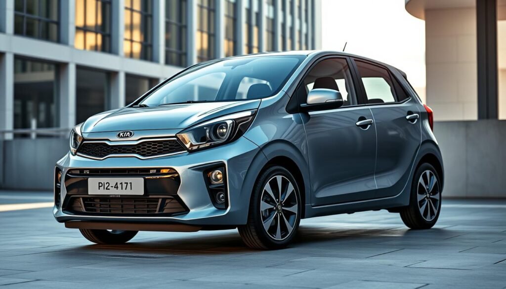 A sleek and modern exterior design of the 2026 Kia Picanto, showcasing its bold and dynamic aesthetic. The vehicle is positioned in a well-lit urban setting, capturing the car's striking silhouette and intricate details. The front features a distinctive grille, sharp headlights, and a sculpted hood, exuding a sense of power and sophistication. The side profile highlights the car's smooth curves, aerodynamic contours, and the subtle yet impactful character lines that add depth and dimension. The rear of the Picanto boasts a sporty and aerodynamic design, with a sculpted bumper, sleek taillights, and a well-proportioned trunk. The overall composition creates a harmonious balance between form and function, reflecting the vehicle's modern and refined appearance.