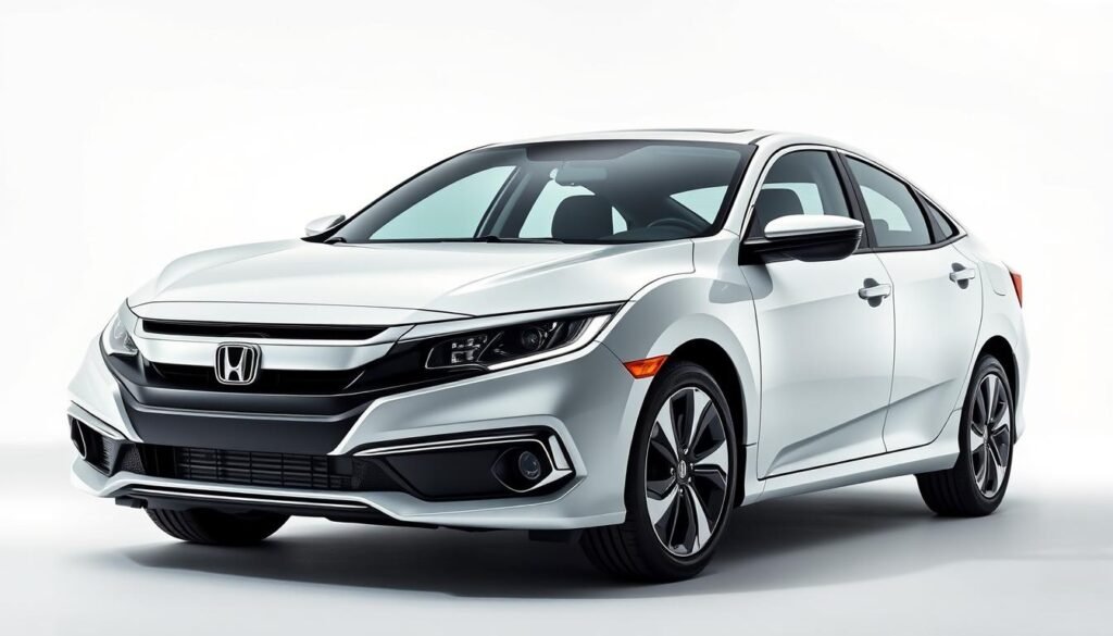 A sleek and sophisticated 2025 Honda Civic Hybrid, showcased in a well-lit studio setting. The vehicle's aerodynamic silhouette is accentuated by its smooth, sculpted lines, reflecting the latest advancements in hybrid technology. The front grille features a distinct, chrome-accented design, complemented by the intricately detailed headlights. The side profile highlights the car's dynamic stance, with clean, uninterrupted surfaces and precisely engineered wheel arches. The rear view reveals the integrated spoiler and wraparound taillights, adding to the Civic Hybrid's striking, modern appearance. The overall composition emphasizes the vehicle's refined, eco-friendly character, capturing its essence as the ideal choice for sustainable driving.