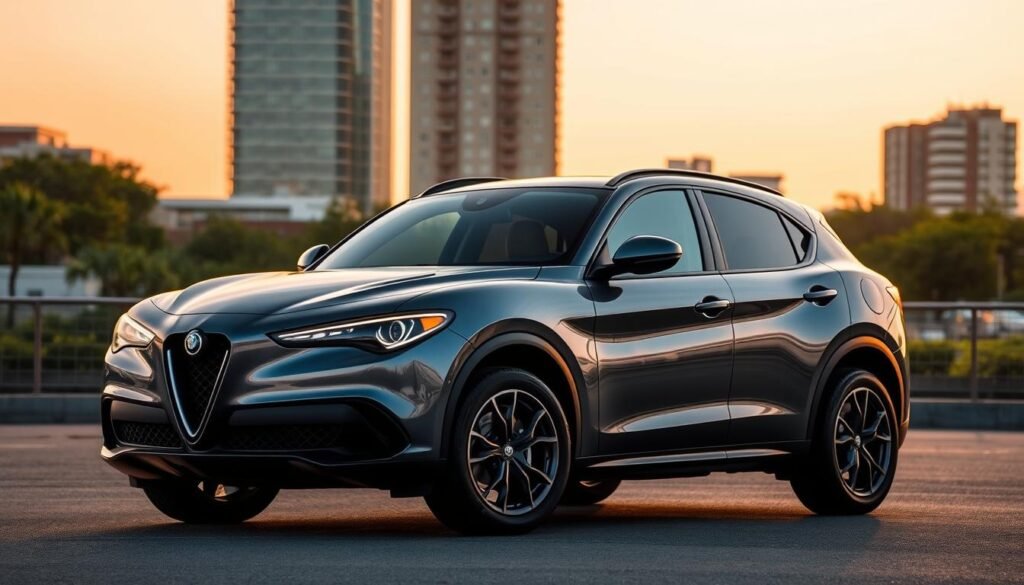 A sleek, distinctive Alfa Romeo Tonale SUV poses in the foreground, its chiseled, aerodynamic body reflecting the warm, golden light of a sunset. The vehicle's striking triangular grille, distinctive LED headlamps, and sculpted character lines convey a sense of power and athleticism. The side profile showcases the Tonale's muscular fenders, dramatic beltline, and gently sloping roofline, lending it a coupe-like silhouette. In the middle ground, the urban cityscape recedes into the distance, its modern architecture and lush greenery providing a complementary backdrop. The overall scene evokes a harmonious blend of sleek design, technological sophistication, and a touch of Italian flair. A sleek, distinctive Alfa Romeo Tonale SUV poses in the foreground, its chiseled, aerodynamic body reflecting the warm, golden light of a sunset. The vehicle's striking triangular grille, distinctive LED headlamps, and sculpted character lines convey a sense of power and athleticism. The side profile showcases the Tonale's muscular fenders, dramatic beltline, and gently sloping roofline, lending it a coupe-like silhouette. In the middle ground, the urban cityscape recedes into the distance, its modern architecture and lush greenery providing a complementary backdrop. The overall scene evokes a harmonious blend of sleek design, technological sophistication, and a touch of Italian flair.
