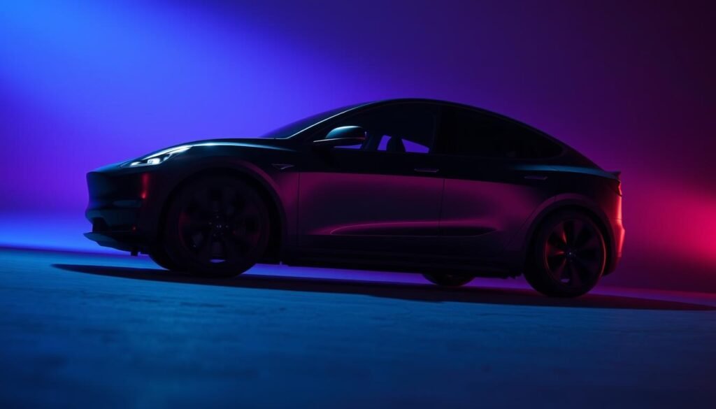 A sleek, futuristic Tesla Model Y, captured in a dynamic, low-angled shot that showcases its striking exterior design. The vehicle's chiseled, aerodynamic body glides effortlessly against a backdrop of vibrant, saturated blues and purples, hinting at its impressive performance capabilities. Smooth, sculpted lines flow seamlessly from the muscular front grille to the sweeping roofline, creating an impression of power and efficiency. Subtle details, such as the flush door handles and the iconic Tesla logo, add to the vehicle's modern, high-tech aesthetic. The scene is illuminated by a dramatic, cinematic lighting setup, casting dramatic shadows and highlights that accentuate the Model Y's dynamic proportions and sleek silhouette.