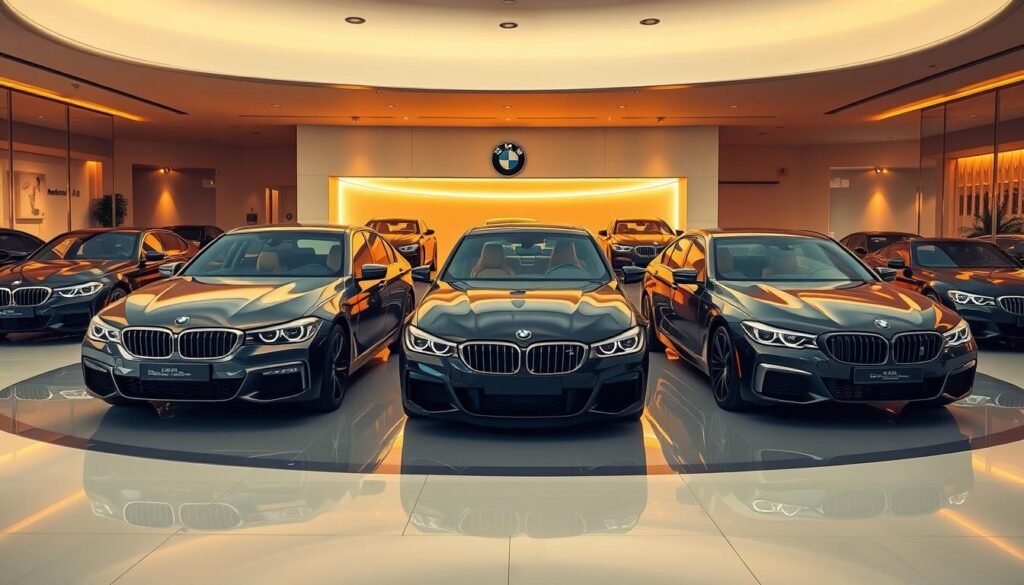A sleek, luxurious BMW showroom in Saudi Arabia, bathed in warm, golden lighting. In the foreground, a stunning array of the latest BMW models, their elegant lines and cutting-edge features on full display. The middle ground showcases the exclusive 4th and 7th series vehicles, their bold, dynamic designs capturing the attention of prospective buyers. In the background, a minimalist, modern interior with clean lines and subtle accents, creating a premium, high-end atmosphere. The scene conveys a sense of exclusivity, technological innovation, and the pinnacle of German automotive engineering, perfectly complementing the article's focus on BMW's exclusive offerings in the Saudi Arabian market. A sleek, luxurious BMW showroom in Saudi Arabia, bathed in warm, golden lighting. In the foreground, a stunning array of the latest BMW models, their elegant lines and cutting-edge features on full display. The middle ground showcases the exclusive 4th and 7th series vehicles, their bold, dynamic designs capturing the attention of prospective buyers. In the background, a minimalist, modern interior with clean lines and subtle accents, creating a premium, high-end atmosphere. The scene conveys a sense of exclusivity, technological innovation, and the pinnacle of German automotive engineering, perfectly complementing the article's focus on BMW's exclusive offerings in the Saudi Arabian market.