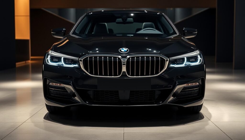A sleek, modern BMW sedan in a glossy black exterior, showcasing the iconic kidney grille and elegant headlights. The midground reveals the sculpted body panels and aerodynamic contours, capturing the vehicle's dynamic presence. The interior is illuminated, unveiling a luxurious cabin with high-quality materials, a spacious dashboard, and a large central touchscreen display. Soft ambient lighting enhances the sophisticated ambiance, while the angular, minimalist design language conveys the brand's dedication to innovative engineering. The image is captured from a low, three-quarter angle, emphasizing the car's powerful stance and impressive proportions. A sleek, modern BMW sedan in a glossy black exterior, showcasing the iconic kidney grille and elegant headlights. The midground reveals the sculpted body panels and aerodynamic contours, capturing the vehicle's dynamic presence. The interior is illuminated, unveiling a luxurious cabin with high-quality materials, a spacious dashboard, and a large central touchscreen display. Soft ambient lighting enhances the sophisticated ambiance, while the angular, minimalist design language conveys the brand's dedication to innovative engineering. The image is captured from a low, three-quarter angle, emphasizing the car's powerful stance and impressive proportions.