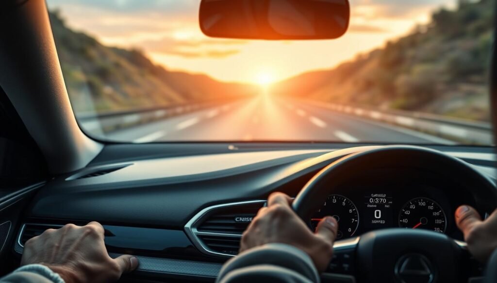 A sleek, modern car dashboard with a prominent cruise control display in the center. The display shows the current speed and a set speed indicator, all illuminated by a soft, ambient glow. The steering wheel is visible in the foreground, with hands gripping it as the driver monitors the speed. The background features a blurred, scenic highway receding into the distance, conveying a sense of smooth, effortless driving. Realistic textures, lighting, and camera angles bring the scene to life, capturing the essence of an engaged, confident driver utilizing the cruise control system. A sleek, modern car dashboard with a prominent cruise control display in the center. The display shows the current speed and a set speed indicator, all illuminated by a soft, ambient glow. The steering wheel is visible in the foreground, with hands gripping it as the driver monitors the speed. The background features a blurred, scenic highway receding into the distance, conveying a sense of smooth, effortless driving. Realistic textures, lighting, and camera angles bring the scene to life, capturing the essence of an engaged, confident driver utilizing the cruise control system.
