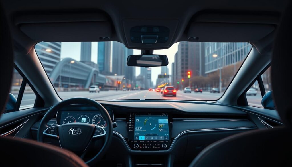 A sleek, modern dashboard with a large digital display showcasing advanced vehicle diagnostics and infotainment controls. The steering wheel features touch-sensitive controls and a minimalist design. The view through the windshield reveals a city skyline, with high-rise buildings and traffic lights in the distance. Soft, warm lighting illuminates the interior, creating a comfortable and technologically advanced driving experience. The overall scene conveys a sense of the future of automotive technology, where the driver's connection with the vehicle is seamless and intuitive.