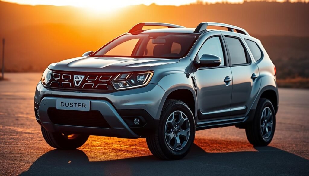 A striking, modern interpretation of the iconic Dacia Duster SUV, showcased in a sleek, silver-gray exterior. The sharp, angular design language evokes a sense of rugged sophistication, with distinctive LED headlights and a bold, trapezoidal grille dominating the front profile. Viewed from a dynamic, three-quarter angle, the vehicle appears poised and ready for adventure, its muscular stance and flared wheel arches hinting at its off-road capabilities. The scene is bathed in warm, golden-hour lighting, casting dramatic shadows and highlighting the Duster's sculpted lines. The background is softly blurred, allowing the vehicle to take center stage as the star of this striking, contemporary automotive portrait.