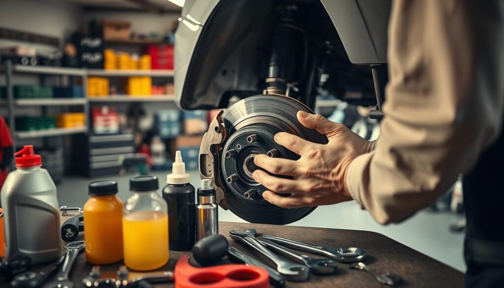 A well-lit, high-angle view of a mechanic's workspace, showcasing the process of changing brake fluid. The foreground features a selection of brake fluid bottles, wrenches, and other tools neatly arranged. In the middle ground, a car's brake system components, including the brake caliper, are visible, with the mechanic's hands delicately working on them. The background depicts a clean, organized garage environment, with shelves of spare parts and a bright, diffused lighting setup that casts soft shadows, creating a sense of safety and professionalism. The overall scene conveys a step-by-step, instructional quality, highlighting the ease and security of the brake fluid change process.