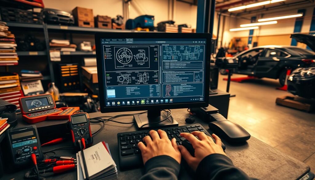 A well-lit workshop interior with a central focus on a computer screen displaying a diagnostic interface. The screen shows detailed schematics and error codes related to automotive systems. In the foreground, a technician's hands are operating the keyboard and mouse, intently studying the readouts. The middle ground features various tools and equipment like multimeters, OBD-II scanners, and repair manuals neatly organized on workbenches. The background depicts the workshop environment with shelves of car parts, toolboxes, and a partially visible vehicle undergoing inspection. The lighting is warm and focused, creating a professional, technical atmosphere conducive to the task of diagnosing and troubleshooting automotive issues using computerized systems. A well-lit workshop interior with a central focus on a computer screen displaying a diagnostic interface. The screen shows detailed schematics and error codes related to automotive systems. In the foreground, a technician's hands are operating the keyboard and mouse, intently studying the readouts. The middle ground features various tools and equipment like multimeters, OBD-II scanners, and repair manuals neatly organized on workbenches. The background depicts the workshop environment with shelves of car parts, toolboxes, and a partially visible vehicle undergoing inspection. The lighting is warm and focused, creating a professional, technical atmosphere conducive to the task of diagnosing and troubleshooting automotive issues using computerized systems.