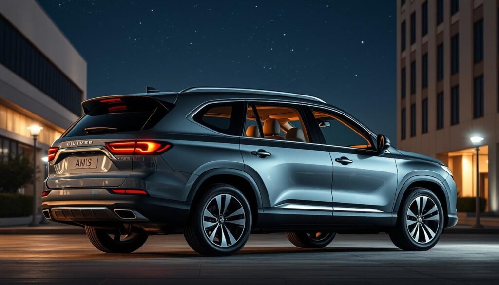 An expansive family SUV in a sleek, modern design, with three rows of seating and ample cargo space. Flowing lines and a commanding presence on the road, complemented by a sophisticated, well-appointed interior with premium materials. Bathed in warm, soft lighting that accentuates the luxurious cabin, the vehicle exudes a sense of comfort and safety for a large household. Parked in a subtly lit, urban setting, the SUV's silhouette stands out against a backdrop of modern architecture and a clear, starry night sky, hinting at the perfect balance of style and function for the modern, discerning family.