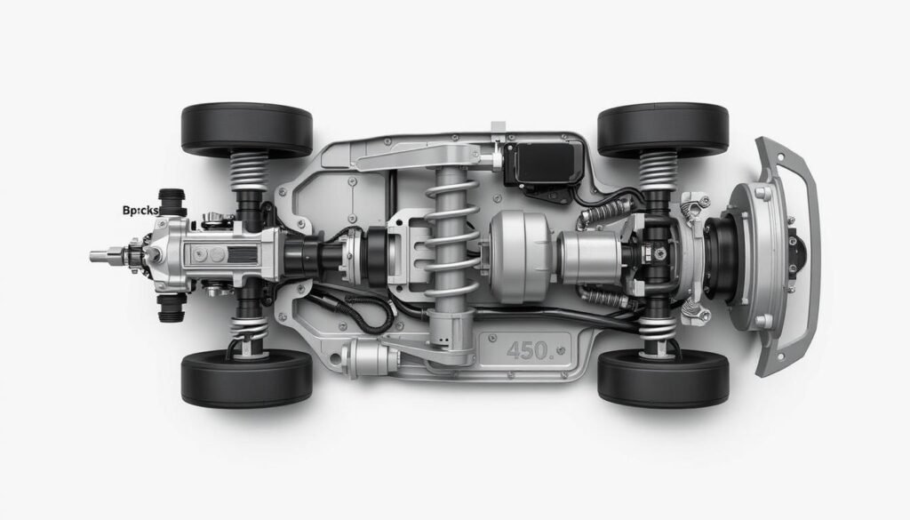 An intricate technical diagram showcasing the key components of a vehicle's suspension system. The image should display a detailed cross-section view of the suspension, highlighting the shock absorbers, coil springs, control arms, and other essential elements in a clean, engineering-focused style. The layout should be symmetrical and well-balanced, with a neutral color palette of grays, blacks, and metallic tones to convey a sense of precision and functionality. Lighting should be soft and even, with subtle shadows to accentuate the three-dimensional nature of the components. The overall mood should be informative and educational, suitable for inclusion in a maintenance article on automotive suspension systems.