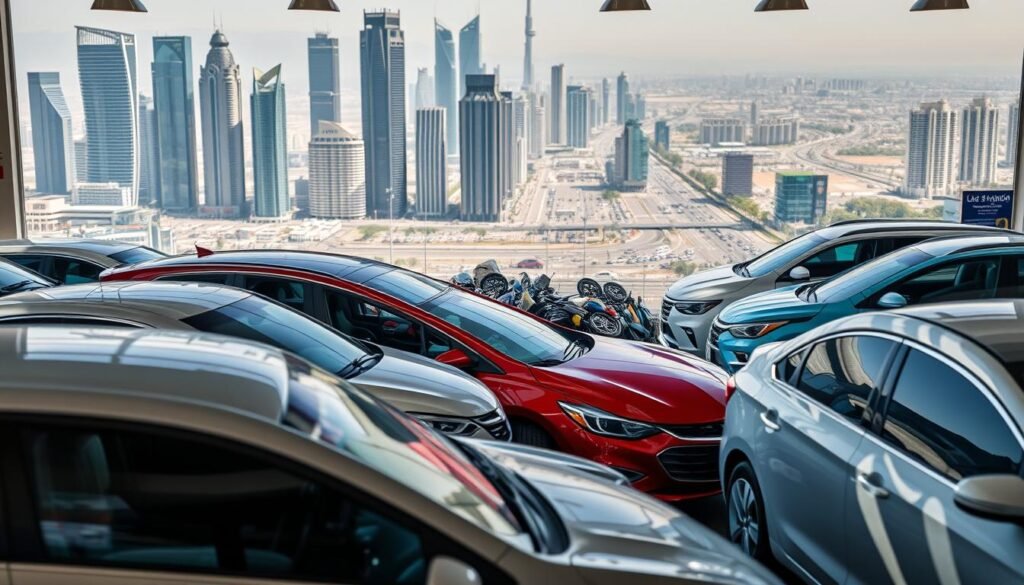 Detailed image of a used car showroom with various makes and models of pre-owned vehicles displayed. The foreground features a selection of popular sedan and SUV options in different colors, showcasing their condition and features. The middle ground highlights a variety of car parts and accessories, suggesting the importance of maintenance and customization. The background depicts a cityscape with towering skyscrapers and busy streets, emphasizing the urban setting where the used car market thrives. The lighting is natural, with soft shadows accentuating the textures and shapes of the cars. The overall mood is one of a bustling, dynamic used car marketplace catering to the needs of discerning Saudi Arabian consumers.