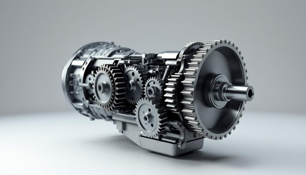 a highly detailed and realistic 3D render of a car's transmission, showing the intricate gears, shafts, and housing in a cutaway view. The gears should be finely detailed, with visible teeth and textures. The lighting should be soft and diffuse, casting subtle shadows to highlight the mechanical components. The background should be a plain, neutral color to keep the focus on the transmission. The camera angle should be slightly elevated, providing a clear view of the inner workings of the transmission while maintaining a sense of depth and scale. The overall mood should convey a sense of technical precision and engineering excellence. a highly detailed and realistic 3D render of a car's transmission, showing the intricate gears, shafts, and housing in a cutaway view. The gears should be finely detailed, with visible teeth and textures. The lighting should be soft and diffuse, casting subtle shadows to highlight the mechanical components. The background should be a plain, neutral color to keep the focus on the transmission. The camera angle should be slightly elevated, providing a clear view of the inner workings of the transmission while maintaining a sense of depth and scale. The overall mood should convey a sense of technical precision and engineering excellence.