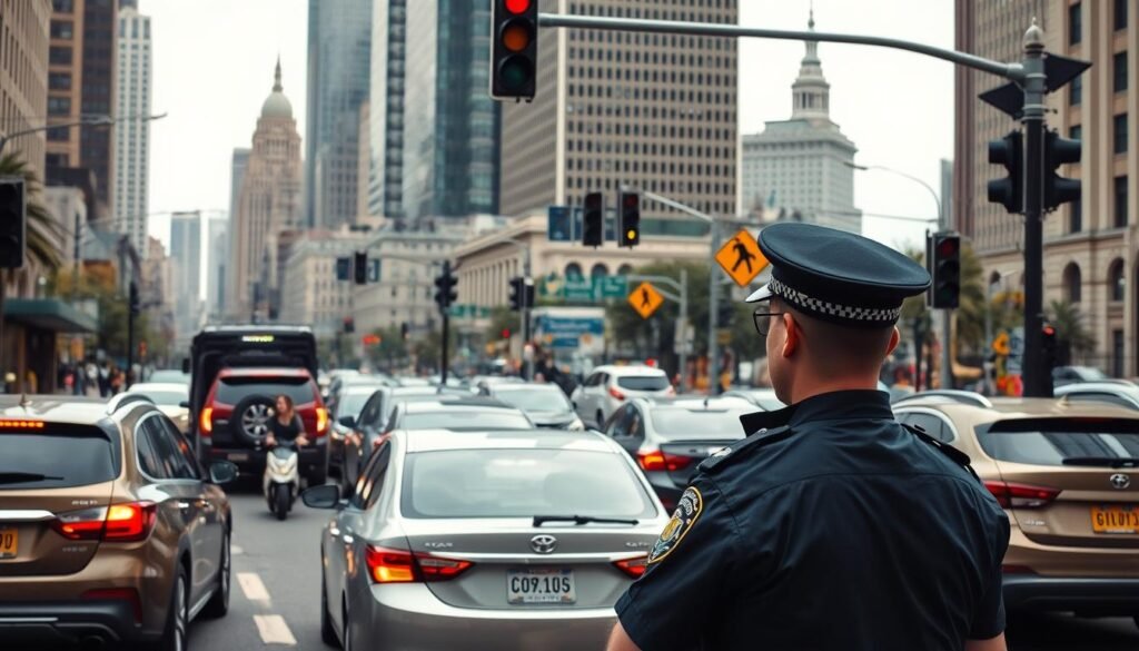 A bustling city street, with cars and pedestrians navigating the flow of traffic. In the foreground, a police officer directs the flow, their uniform crisp and authoritative. The mid-ground features a series of road signs and traffic lights, indicating the legal and administrative framework governing the movement of vehicles. In the background, towering skyscrapers and government buildings suggest the broader infrastructure and regulations that support the city's transportation system. Soft, diffused lighting casts a sense of order and control over the scene, conveying the legal and administrative impact of the traffic management system.