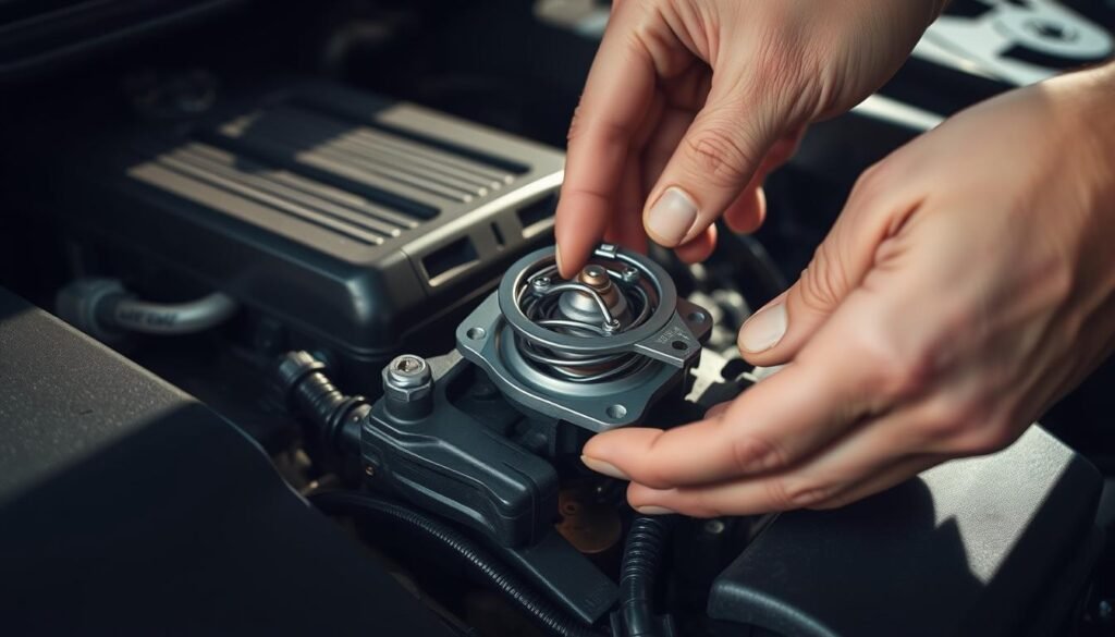 A close-up view of a car engine, with a focus on the thermostat housing. The thermostat is being carefully installed, with the mechanic's hands meticulously aligning the gasket and securing the bolts. The engine bay is well-lit, casting dramatic shadows that emphasize the intricate details of the task at hand. The scene conveys a sense of precision, expertise, and dedication to proper maintenance. The overall mood is one of technical proficiency and attention to detail, reflecting the importance of correctly installing the thermostat to protect the engine from heat-related damage. A close-up view of a car engine, with a focus on the thermostat housing. The thermostat is being carefully installed, with the mechanic's hands meticulously aligning the gasket and securing the bolts. The engine bay is well-lit, casting dramatic shadows that emphasize the intricate details of the task at hand. The scene conveys a sense of precision, expertise, and dedication to proper maintenance. The overall mood is one of technical proficiency and attention to detail, reflecting the importance of correctly installing the thermostat to protect the engine from heat-related damage.