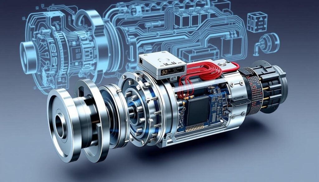 A complex cross-sectional diagram of an idling air control sensor mechanism. The foreground depicts the sensor housing with precision-engineered components like the throttle plate, actuator arm, and electronic control module. The middle ground shows the airflow path through the intake manifold, with intricate details of the air passage, pressure chambers, and feedback sensors. The background features a technical illustration of the sensor's internal wiring, circuit boards, and microprocessor, highlighting the sophisticated electronics that govern the sensor's operation. Rendered in a high-contrast, technical illustration style with cool, metallic tones to convey the precision engineering and functionality of the idling air control sensor.