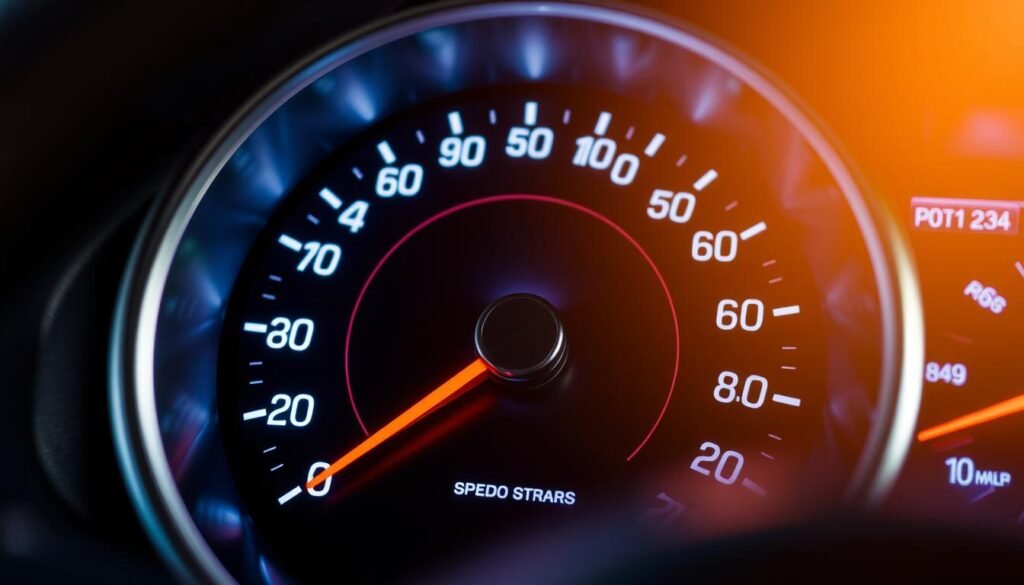 A detailed close-up of a vehicle's speedometer, showcasing the intricate analog dial and markings. The instrument panel is illuminated with a soft, warm glow, creating a modern, high-quality aesthetic. The speedometer's needle is centered, indicating a stationary vehicle. The background is blurred, keeping the focus on the speedometer's design and functionality. The image conveys a sense of precision, control, and the technical aspect of automotive engineering.