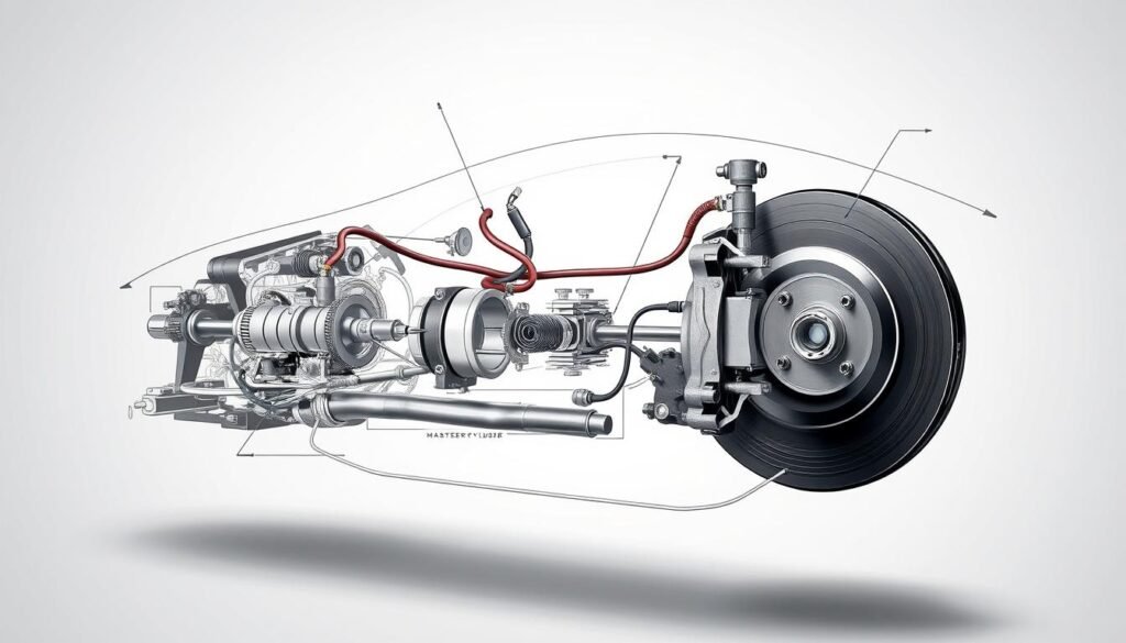 A detailed, cross-sectional diagram of a brake system, showcasing its intricate components and operational principles. The image should depict the brake pedal, master cylinder, brake lines, wheel cylinders, and brake pads, all rendered in a technical, engineering-style illustration. The components should be labeled with their respective names, and the overall layout should convey a clear understanding of how the brake system functions. The scene should be set against a neutral, high-contrast background, with subtle lighting to accentuate the details and technical nature of the subject matter.