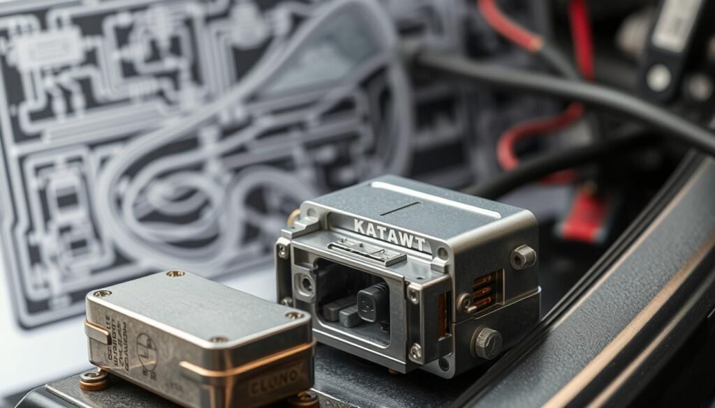 A detailed, high-resolution image of a car's electrical system component called a "كتاوت" (Katawt). The Katawt is shown in the foreground, with a clean, well-lit metallic surface and intricate internal structures visible. The middle ground showcases the Katawt's placement within the vehicle's electrical system, with surrounding wiring and connectors. The background features a blurred, technical diagram or blueprint of the car's electrical schematic, emphasizing the Katawt's critical role. The overall scene conveys the importance and complexity of this component, which is essential for the proper functioning of the vehicle's electrical system. A detailed, high-resolution image of a car's electrical system component called a "كتاوت" (Katawt). The Katawt is shown in the foreground, with a clean, well-lit metallic surface and intricate internal structures visible. The middle ground showcases the Katawt's placement within the vehicle's electrical system, with surrounding wiring and connectors. The background features a blurred, technical diagram or blueprint of the car's electrical schematic, emphasizing the Katawt's critical role. The overall scene conveys the importance and complexity of this component, which is essential for the proper functioning of the vehicle's electrical system.