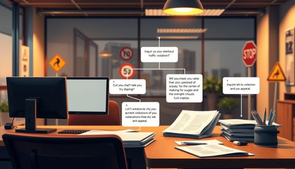 A detailed illustration of the process of inquiring about traffic violations and filing an appeal. A modern office setting with a computer terminal, documents, and traffic signs in the background, lit by warm, directional lighting. The scene conveys a sense of organization and efficiency, with a focus on the steps involved in the administrative procedure. The image should have a clean, professional aesthetic, devoid of any textual elements, to serve as a visual aid for the corresponding article section.