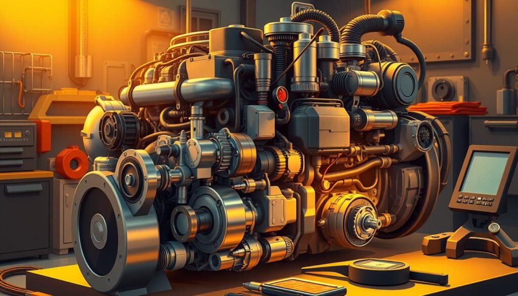 A detailed, technical illustration of a diesel engine diagnostic process. Showcasing a complex engine block with various components and systems, illuminated by warm, directional lighting to accentuate the intricate mechanical details. The scene should convey a sense of thoughtful examination, with tools and instrumentation strategically placed, suggesting an ongoing diagnostic procedure. The overall mood should be one of precision, professionalism and problem-solving, capturing the essence of troubleshooting diesel engine malfunctions.