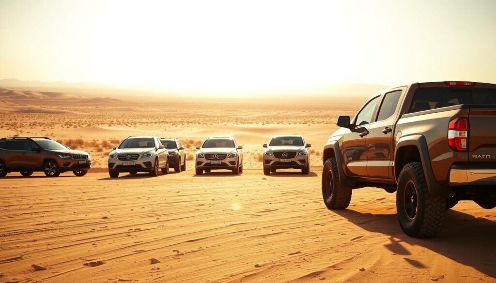 A fleet of Saudi Arabian diesel-powered vehicles gently gleams in the warm desert sunlight. In the foreground, a sturdy pickup truck stands tall, its chunky all-terrain tires and muscular frame hinting at its rugged capability. Beyond it, a line of SUVs and sedans stretch into the middle ground, their sleek silhouettes and dynamic lines conveying a sense of power and efficiency. In the distant background, the vast expanse of the Saudi Arabian landscape unfolds, a patchwork of sand dunes, scrubland, and distant mountains, creating a dramatic and immersive setting for this showcase of the country's diesel automotive prowess.