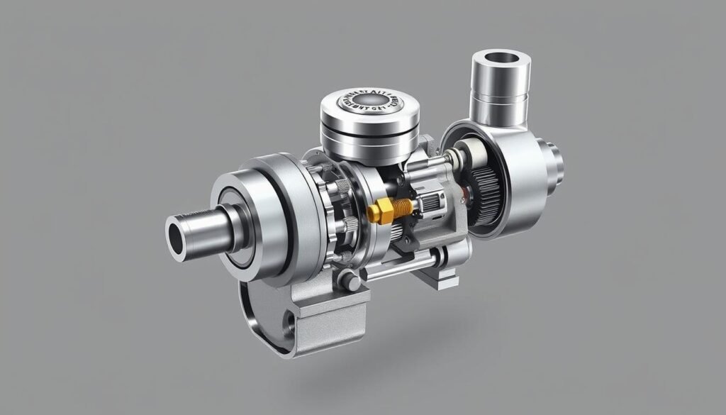 A high-quality, technical illustration of an air control valve, showcasing its intricate internal components and mechanisms. The valve is depicted in a neutral-toned, clean-lined engineering style, with a focus on highlighting the precision engineering and functional design. The image should convey a sense of technical sophistication and expertise, suitable for inclusion in an article about idle sensors. Lighting should be directional and emphasize the metallic surfaces and fine details. The angle should provide a cutaway view, allowing the viewer to clearly see the valve's inner workings. The overall mood should be one of informative clarity and technical proficiency.