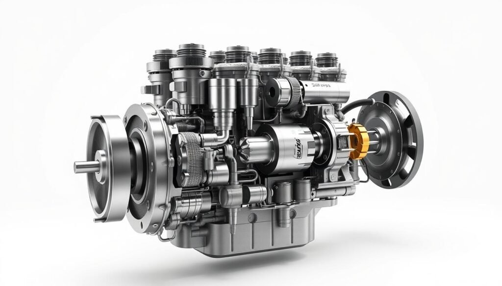 A highly detailed cross-section diagram of the main components of a diesel engine, showcased in a technical yet visually captivating manner. The image should feature a meticulously rendered depiction of the engine block, pistons, crankshaft, fuel injection system, and other key elements, all presented against a clean, minimalist background that allows the engineering details to take center stage. The lighting should be crisp and uniform, with subtle shadows and highlights accentuating the various mechanical parts. The angle should be slightly elevated to provide a comprehensive, exploded view of the engine's inner workings, allowing the viewer to clearly understand the fundamental principles of diesel engine operation.