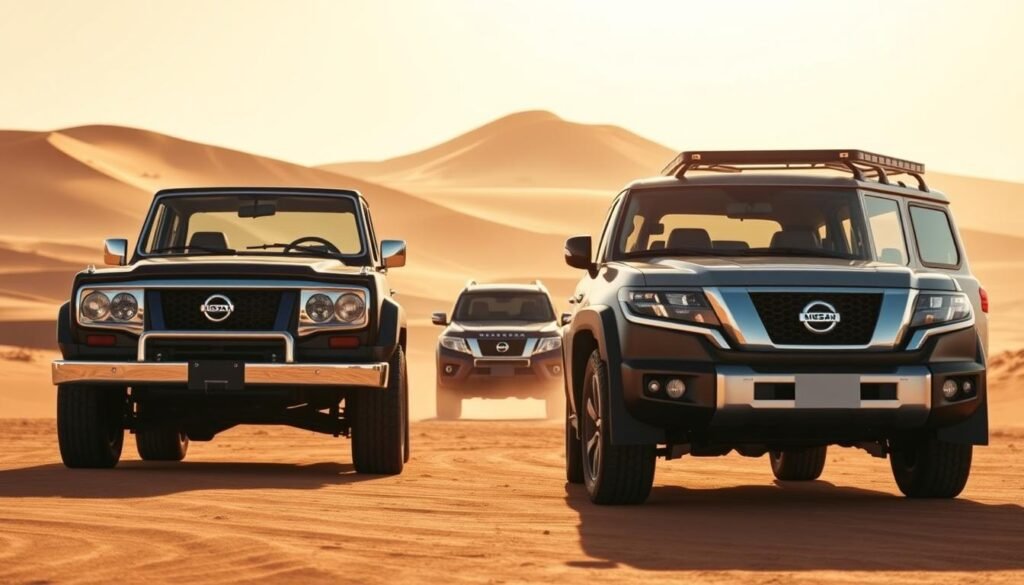 A panoramic view of the historical evolution of the iconic Nissan Patrol SUV, showcasing its timeless design and rugged heritage. In the foreground, a vintage Patrol model from the 1960s stands proud, its chrome grille and boxy silhouette reflecting the utilitarian charm of the era. In the middle ground, a modern Patrol model surges forward, its muscular frame and sleek lines hinting at the technological advancements that have shaped the vehicle over the decades. The background is a sweeping landscape, with towering sand dunes and a warm, golden-hued sky that evokes the Patrol's indomitable spirit in the harsh, unforgiving terrain of the Arabian Desert. Subtle lighting and a cinematic depth of field combine to create a timeless, evocative image that captures the essence of the Nissan Patrol's rich history and enduring legacy.