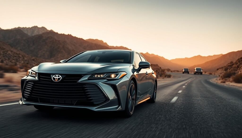 A sleek, modern Toyota Avalon sedan gracefully gliding along a winding desert road, set against the backdrop of a dramatic, sun-dappled mountainous landscape. The Avalon's bold front grille and striking LED headlights command attention, while the fluid, aerodynamic lines of the body convey a sense of refined elegance. Captured from a low, dynamic angle, the image showcases the Avalon's imposing presence and premium, luxurious character, inviting the viewer to explore its refined capabilities and sophisticated design. A sleek, modern Toyota Avalon sedan gracefully gliding along a winding desert road, set against the backdrop of a dramatic, sun-dappled mountainous landscape. The Avalon's bold front grille and striking LED headlights command attention, while the fluid, aerodynamic lines of the body convey a sense of refined elegance. Captured from a low, dynamic angle, the image showcases the Avalon's imposing presence and premium, luxurious character, inviting the viewer to explore its refined capabilities and sophisticated design.