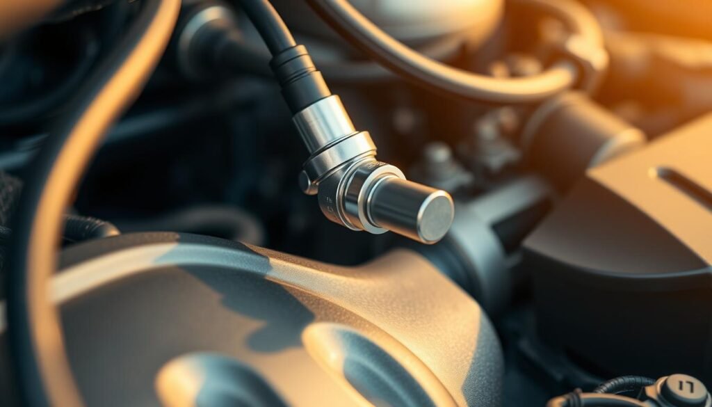 An oxygen sensor mounted on the underside of a modern car engine, its metal housing gleaming under warm, directional lighting. The sensor's slim, cylindrical form fits seamlessly into the engine block, surrounded by the intricate web of hoses, wires and components that make up the vehicle's complex systems. The sensor's tip, coated in a specialized ceramic material, protrudes slightly, ready to precisely measure the air-fuel ratio and relay that data to the engine's electronic control unit. A sense of precision engineering and technical sophistication pervades the scene, reflecting the vital role this humble yet essential component plays in ensuring optimal engine performance and efficiency. An oxygen sensor mounted on the underside of a modern car engine, its metal housing gleaming under warm, directional lighting. The sensor's slim, cylindrical form fits seamlessly into the engine block, surrounded by the intricate web of hoses, wires and components that make up the vehicle's complex systems. The sensor's tip, coated in a specialized ceramic material, protrudes slightly, ready to precisely measure the air-fuel ratio and relay that data to the engine's electronic control unit. A sense of precision engineering and technical sophistication pervades the scene, reflecting the vital role this humble yet essential component plays in ensuring optimal engine performance and efficiency.
