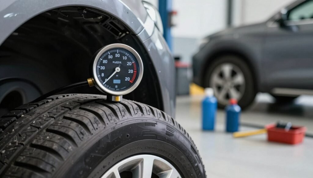 A close-up view of a car tire on a digital gauge showing the correct tire pressure for optimal safety. In the foreground, the tire is detailed, showcasing the tread pattern and sidewall markings, with the gauge featuring bright, clear numbers indicating a safe pressure level. In the middle ground, a well-lit garage setting with tools and maintenance items enhances the automotive theme. The background includes a blurred silhouette of a car, emphasizing the importance of tire pressure in driving safety. The lighting is bright and professional, with soft shadows for a clean look. The overall mood is informative and focused, conveying a sense of reliability and safety.