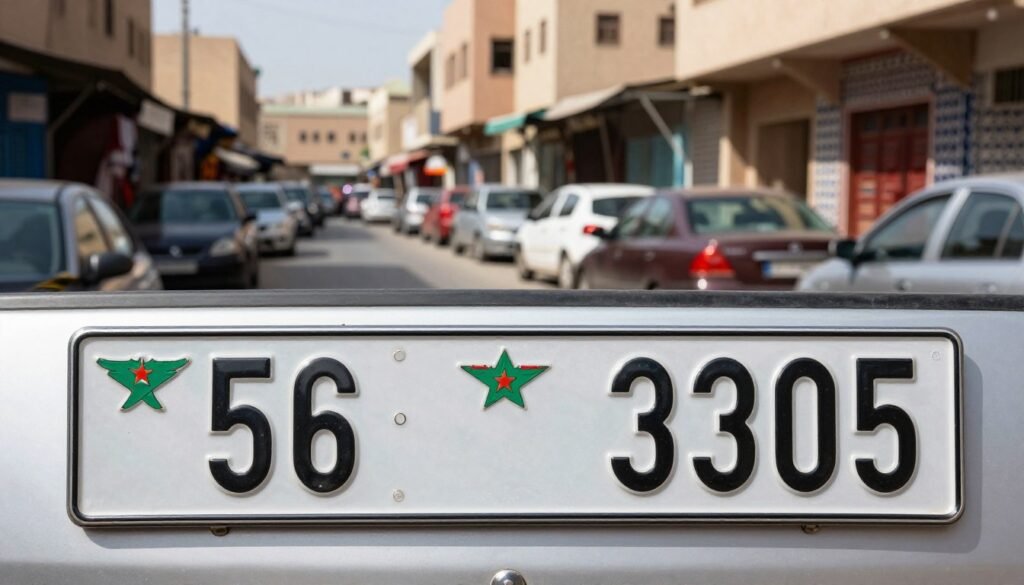 A close-up view of a modern Moroccan vehicle registration plate, showcasing unique alphanumeric characters and vibrant colors, placed prominently against the backdrop of a bustling urban street in Morocco. In the foreground, the license plate is sharply in focus, with a glossy surface reflecting sunlight to highlight its details. In the middle ground, blurred silhouettes of cars parked along a market street suggest a lively atmosphere. The background features traditional Moroccan architecture with intricate tiles and warm earth tones, adding cultural context. Bright daylight illuminates the scene, creating a sense of clarity and focus. The overall mood is informative and engaging, inviting viewers to explore the significance of vehicle registration in Morocco.