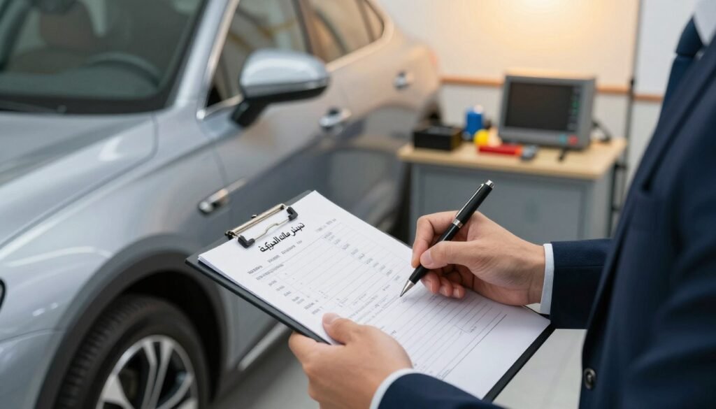 A close-up view of a sleek, modern car parked in an automotive service center, featuring an official registration form showcasing vehicle data being filled out by a professional. In the foreground, the focus is on a well-dressed individual, wearing a smart business suit, attentively writing on the form with a pen in hand. The middle ground includes a workstation filled with tools and automotive equipment, emphasizing a busy yet organized environment. In the background, soft lighting casts a warm glow, creating a welcoming atmosphere. The overall mood is focused and professional, embodying the importance of proper vehicle registration and technical inspection procedures. The composition captures both the detail of the car and the act of documentation, showcasing the significance of "تسجيل بيانات المركبة" in vehicle maintenance.