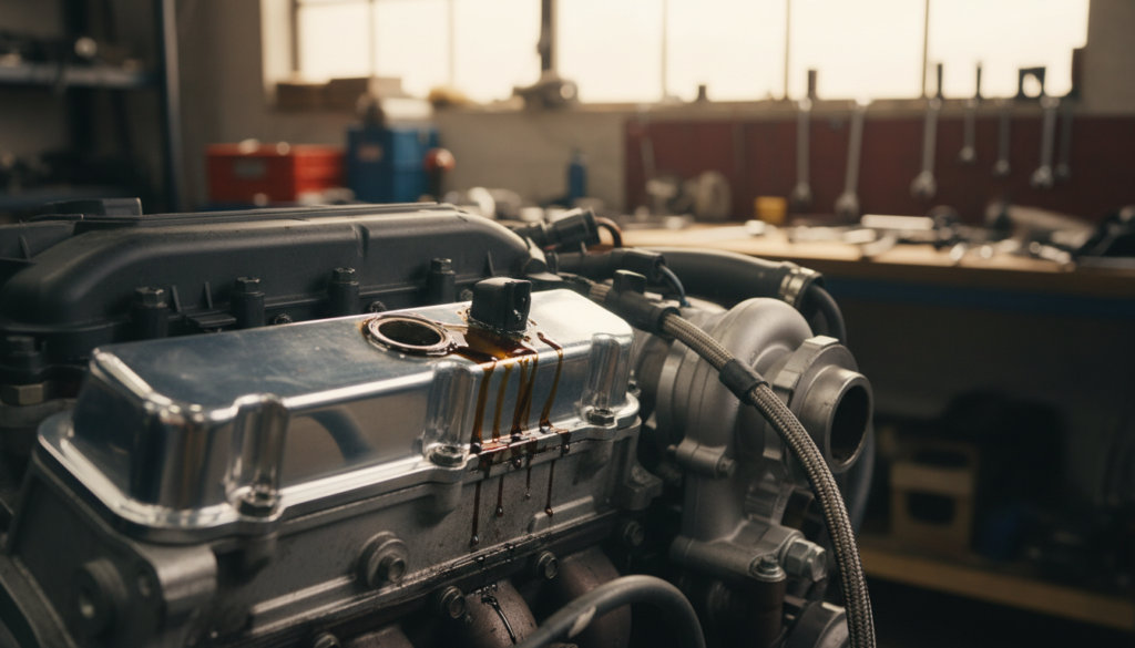 A close-up view of an automotive engine with a visible oil leak in the intake manifold. The foreground features a detailed, shiny engine block with subtle reflections, highlighting the oil pooling on the manifold's surface. In the middle ground, oil drips down, capturing the texture of the engine components. The background showcases a slightly blurred workshop environment, emphasizing tools and mechanical elements, creating an industrial atmosphere. Soft, natural lighting illuminates the engine, casting gentle shadows that enhance depth and detail. The overall mood is technical and informative, capturing a moment of diagnosis, conveying the seriousness of oil leaks in engines.