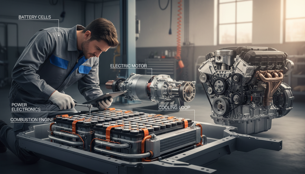 A detailed cross-section of an electric vehicle battery system, showcasing the intricate components such as battery cells, cooling systems, and wiring, with a clear view of the electric motor. In the foreground, a technician in professional attire examines the battery layout with tools, emphasizing hands-on maintenance and innovation. The middle ground features the battery mounted within the car's chassis, highlighting its compact design and integration into the vehicle. The background is a workshop or garage setting with soft, diffused lighting creating a technical yet inviting atmosphere. The contrast between the electric battery system and a traditional combustion engine shown in a side profile view presents a direct visual comparison, illustrating modern technology versus conventional mechanics. Focus on clarity and detail to enhance understanding of electric vehicle technology.