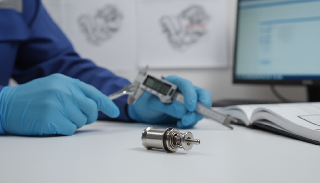 A detailed inspection scene of a PCV valve, focusing on the mechanics of the part. In the foreground, a bright metallic PCV valve is placed on a clean, white inspection table, showcasing its intricate design and components. The middle layer features a pair of gloved hands of a technician, dressed in a professional blue coverall, holding specialized tools like calipers and wrenches for precise measurement. In the background, soft laboratory lighting illuminates a series of technical diagrams and automotive manuals related to engine diagnostics. The atmosphere is focused and technical, conveying precision and attention to detail in automotive maintenance. A deep focus effect highlights the valve while ensuring the workshop environment remains slightly blurred, enhancing the professionalism of the scene.