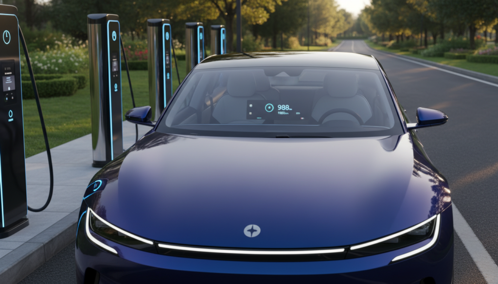 A detailed view of a modern electric vehicle (EV) parked in a scenic, well-lit environment, showcasing various charging stations in the background. The foreground features the vehicle's sleek design with a clear focus on the dashboard displaying battery range and charge indicators. Natural lighting enhances the metallic paint of the car, casting subtle reflections. The middle ground includes lush greenery and an open road, symbolizing the vehicle's range capabilities. Soft, ambient lighting implies a late afternoon setting, creating a serene atmosphere. Capture the essence of eco-friendliness and cutting-edge technology. Angle the shot slightly from above to give a comprehensive view of the vehicle and its surroundings, emphasizing the practicality and efficiency of modern electric cars.