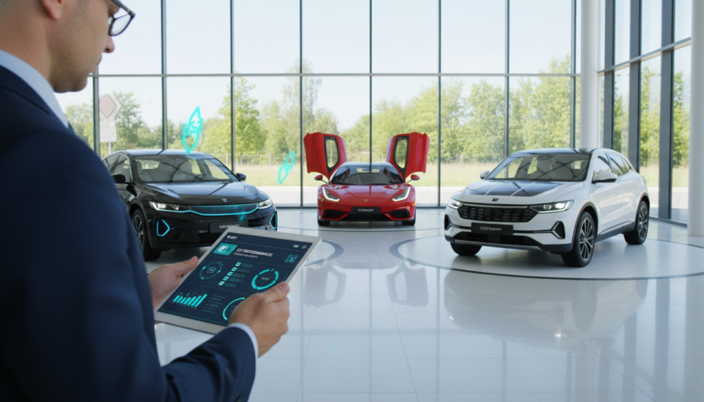 A detailed visualization of a professional individual analyzing various electric vehicles in a modern showroom, surrounded by diverse models of electric cars displayed on sleek platforms. In the foreground, a smartly dressed person, wearing business attire, is holding a tablet and scrutinizing specifications, surrounded by vibrant electric vehicle graphics. The middle ground features several prominent electric car models, showcasing different styles and colors, with attention to detail on charging ports and eco-friendly features. The background includes large windows revealing a bright, sunny day outside, with greenery to enhance the eco-friendly theme. Bright, natural lighting illuminates the space, creating a welcoming atmosphere that conveys professionalism and modernity. The perspective is slightly angled to capture the depth of the showroom, emphasizing the range of vehicles available.