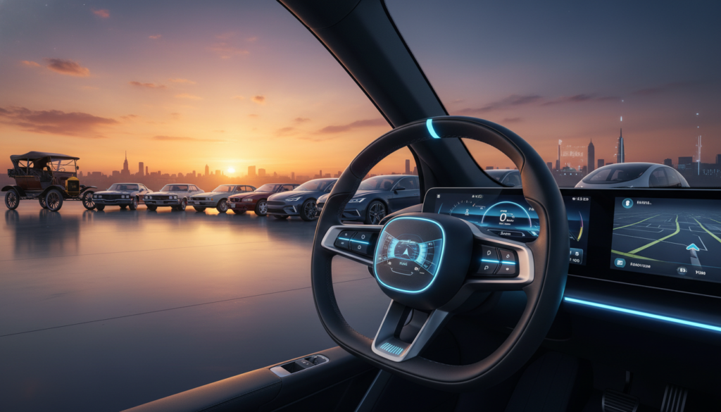 A dynamic scene showcasing the evolution of steering systems in cars. In the foreground, an intricate futuristic electric steering wheel is highlighted, featuring advanced tech displays and touch-sensitive controls. The middle ground reveals various car models from different eras, ranging from classic designs to sleek modern electric cars, demonstrating the transition in steering technology. In the background, a setting sun casts a warm glow, creating a gradient sky that enhances the innovative atmosphere. The image should be shot from a low angle to emphasize the steering wheel's technological details, with soft diffused lighting adding a professional touch. The mood conveys a sense of progress and innovation in automotive technology, ideal for illustrating the advancements in steering systems.